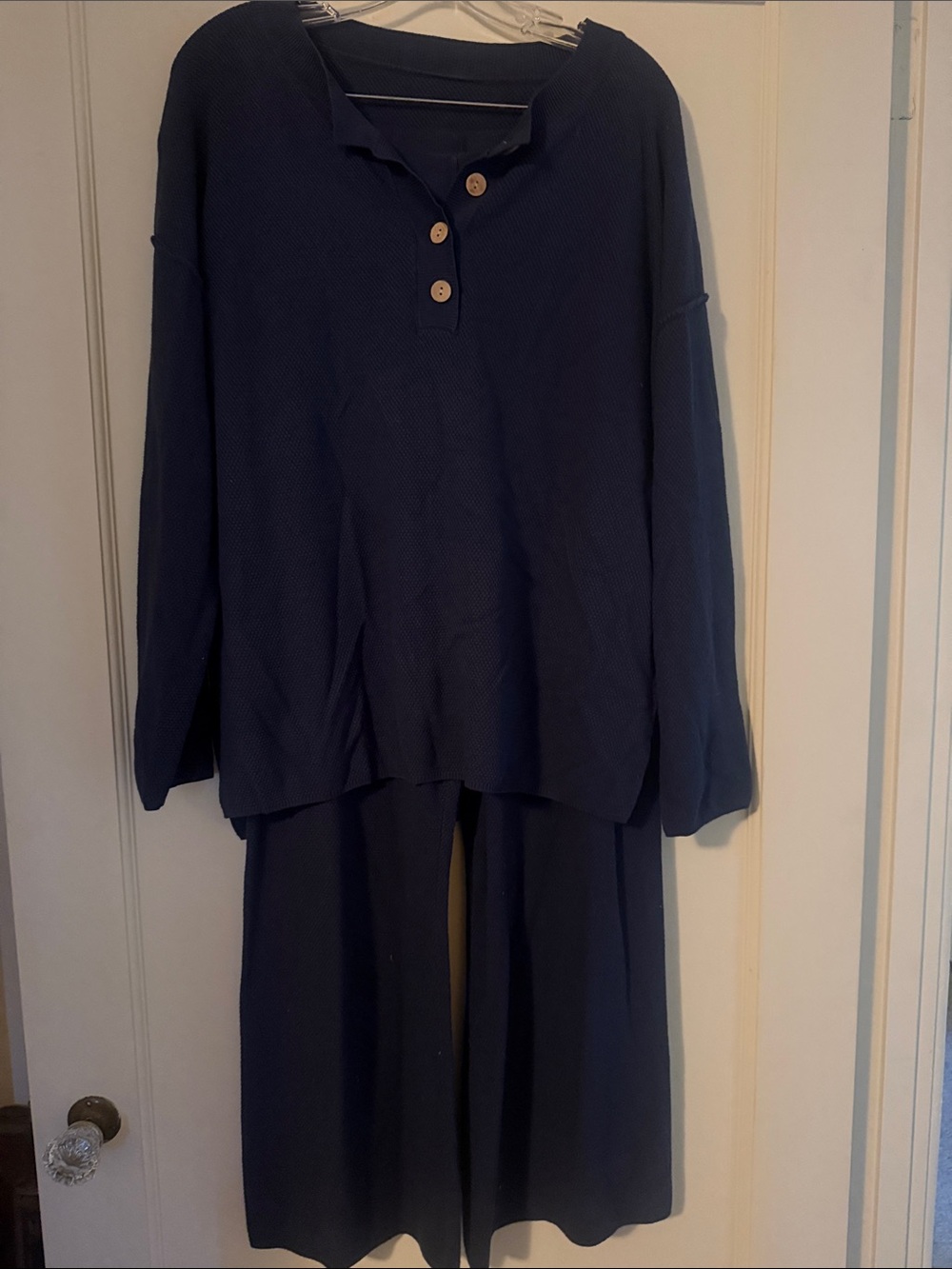 Navy Waffle Knit Two-Piece Loungewear Set